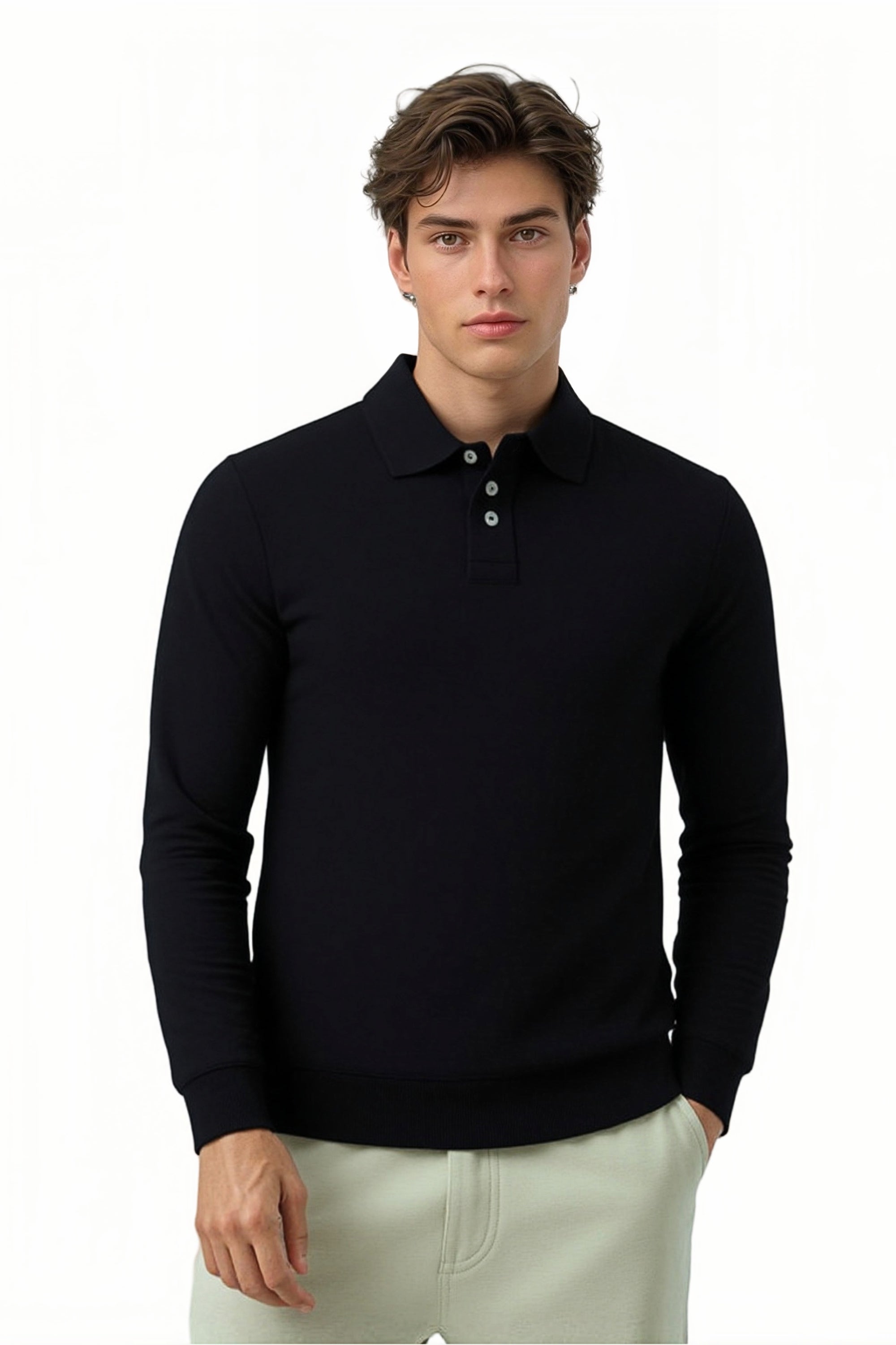 Mens Cotton Pique Polo Shirt Long Sleeve Casual Lightweight Cotton Top S-2XL