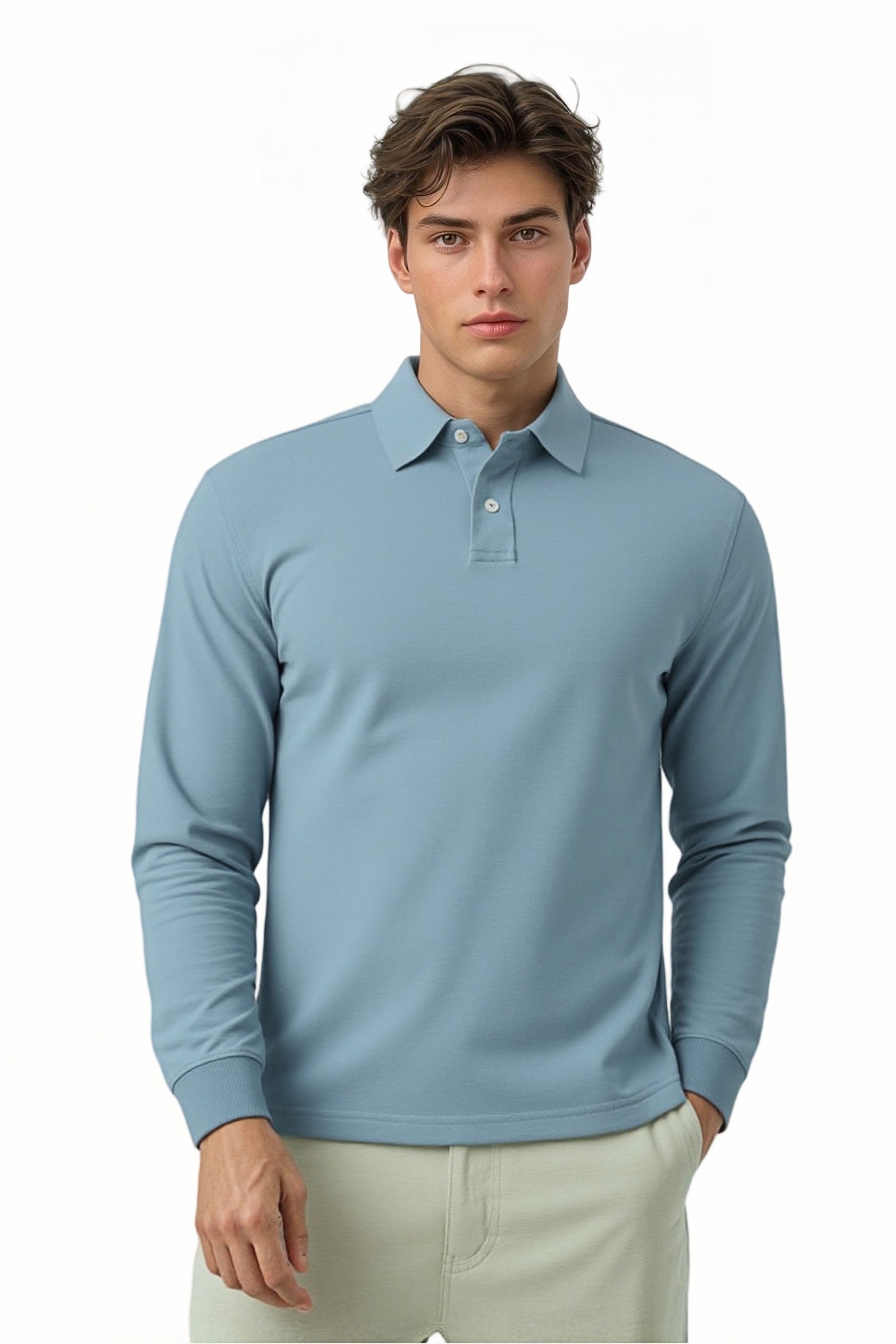 Mens Cotton Pique Polo Shirt Long Sleeve Casual Lightweight Cotton Top S-2XL