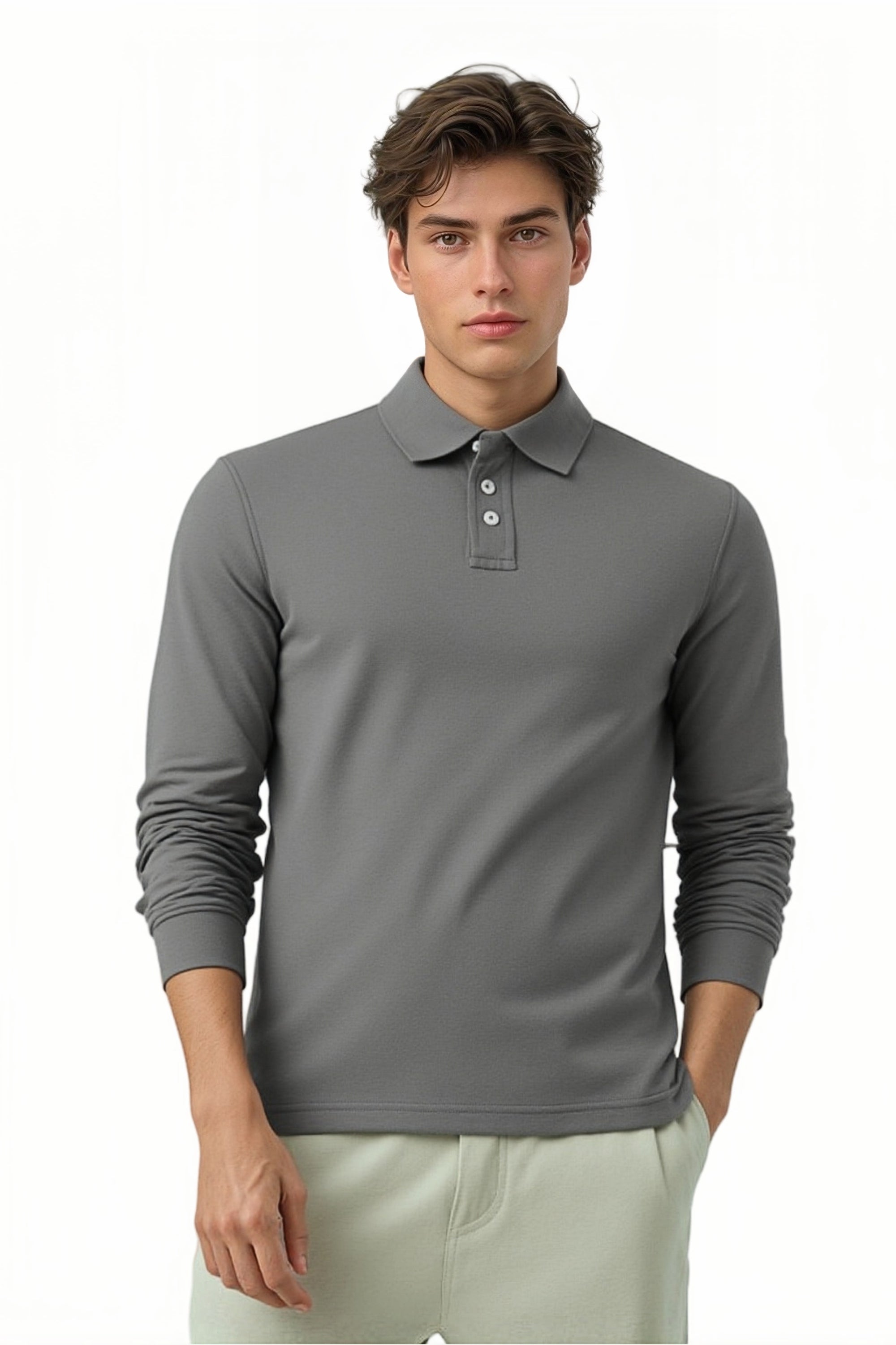 Mens Cotton Pique Polo Shirt Long Sleeve Casual Lightweight Cotton Top S-2XL