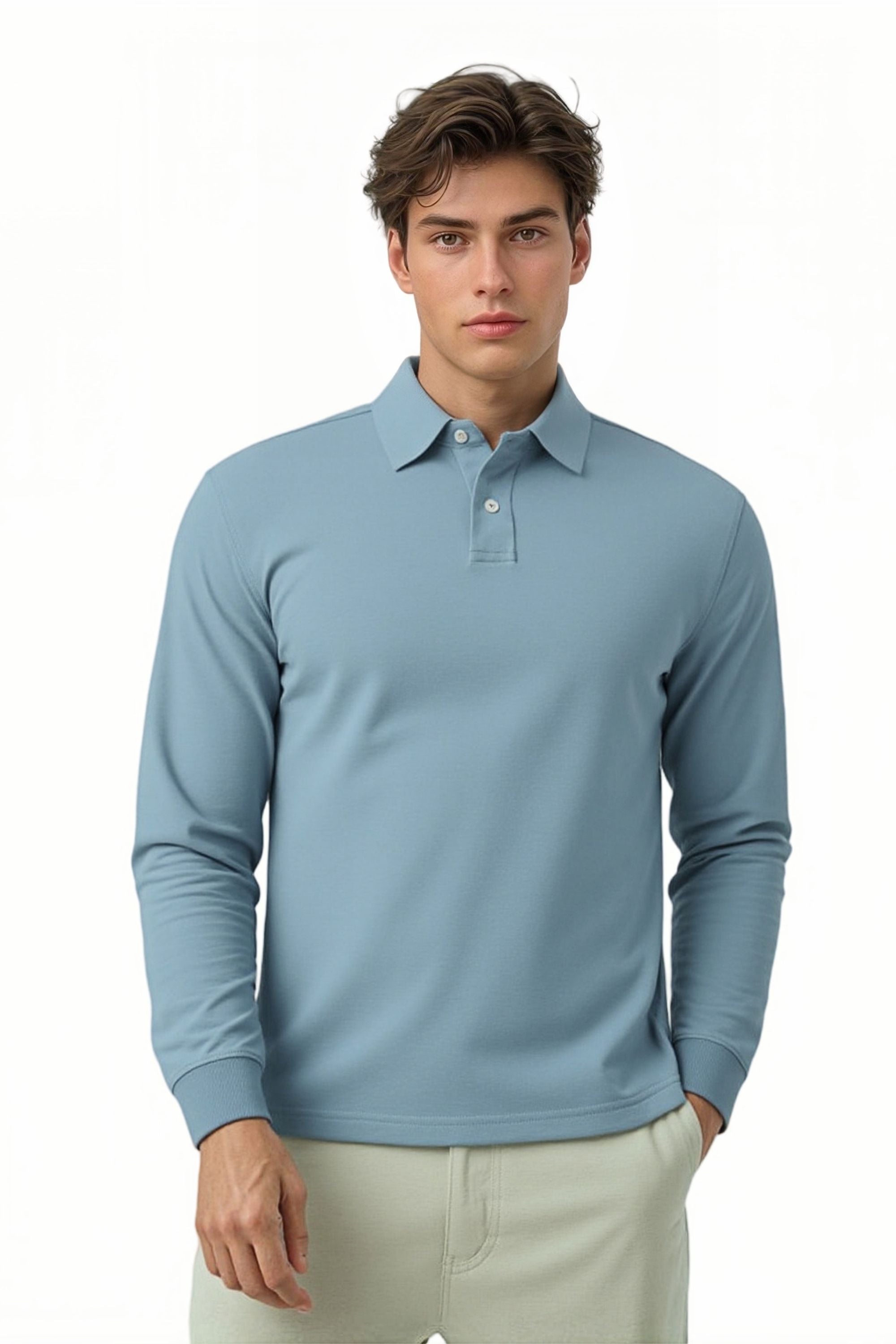 Mens Cotton Pique Polo Shirt Long Sleeve Casual Lightweight Cotton Top S-2XL