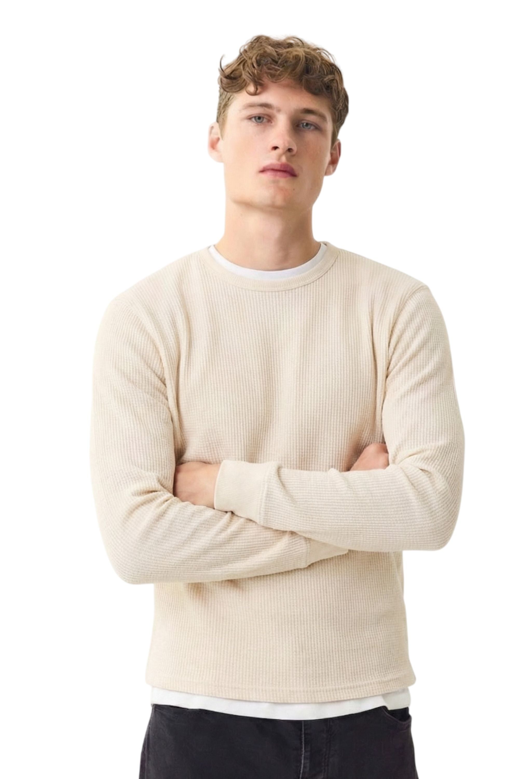 Mens Crew Neck Waffle Knit Long Sleeve T-Shirt Cotton Blend Winter Casual Top