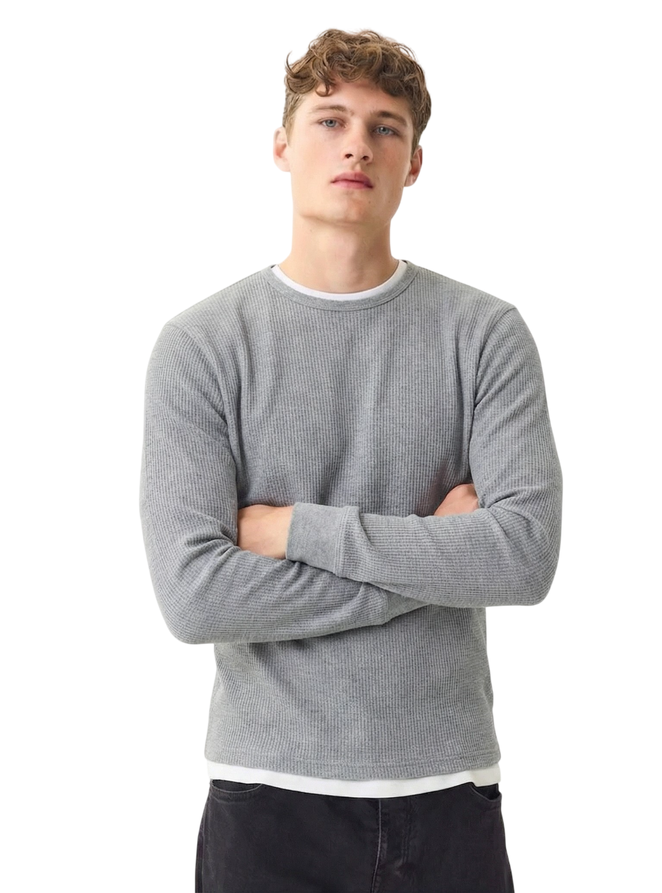 Mens Crew Neck Waffle Knit Long Sleeve T-Shirt Cotton Blend Winter Casual Top
