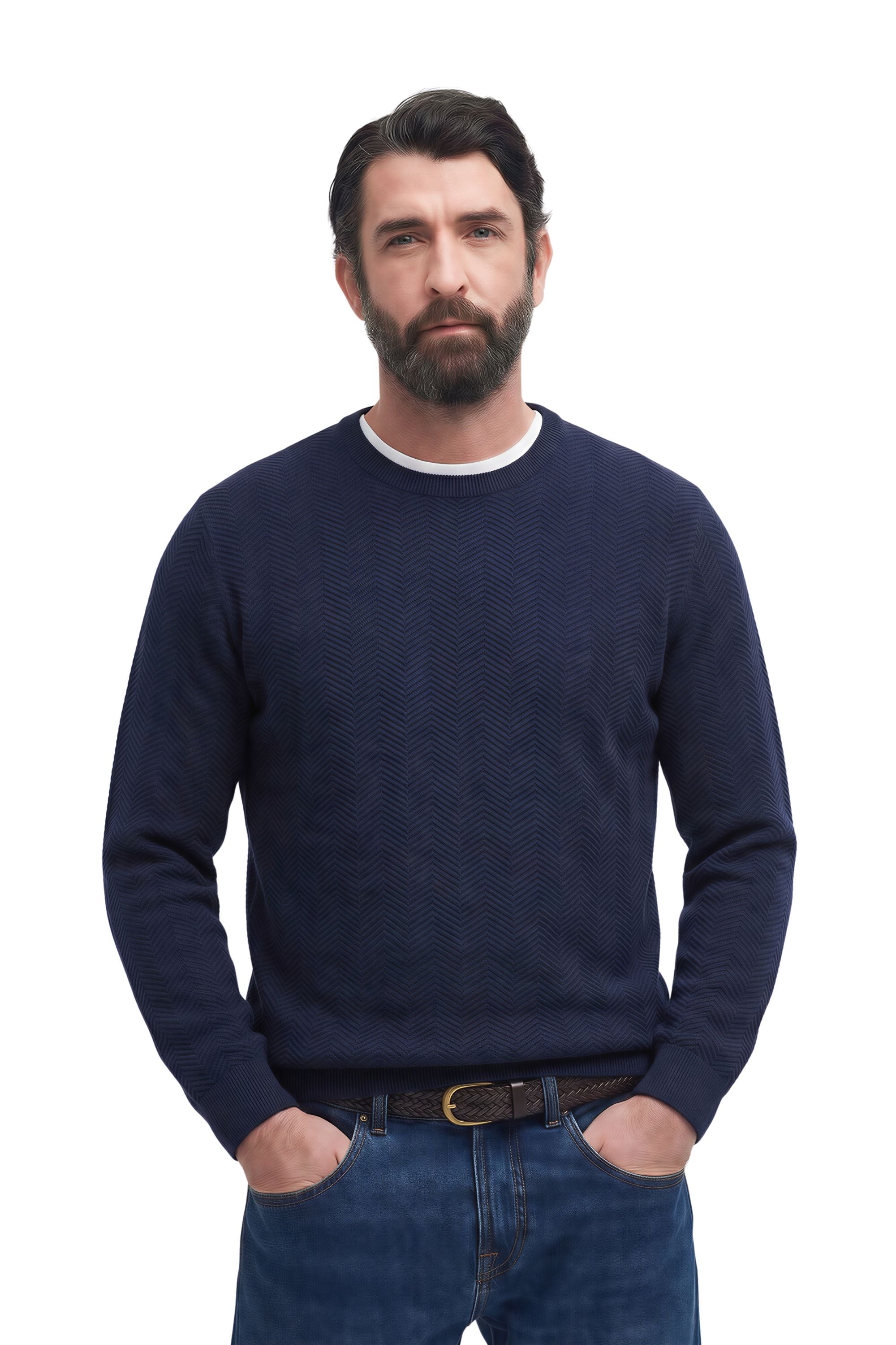 Mens Chevron Knit Jumper Crew Neck Long Sleeve Pullover Regular Fit Sweater Top