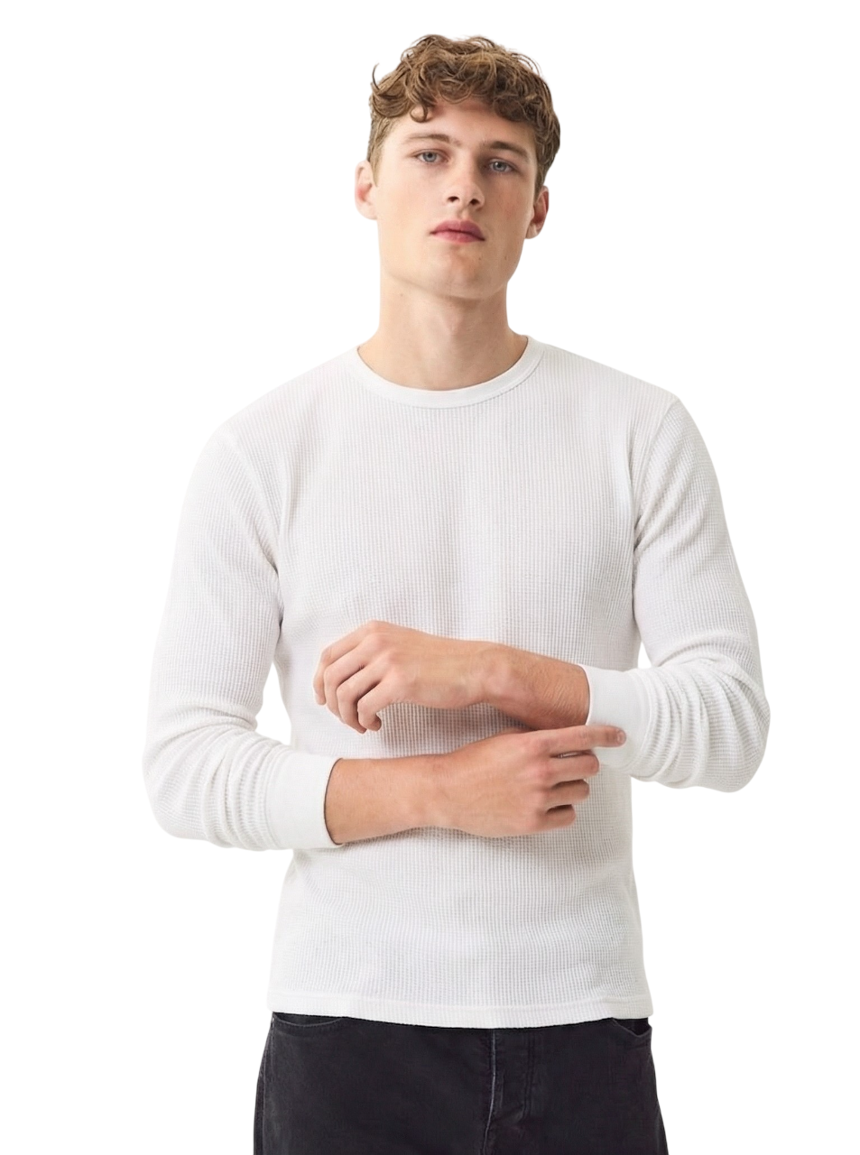 Mens Crew Neck Waffle Knit Long Sleeve T-Shirt Cotton Blend Winter Casual Top